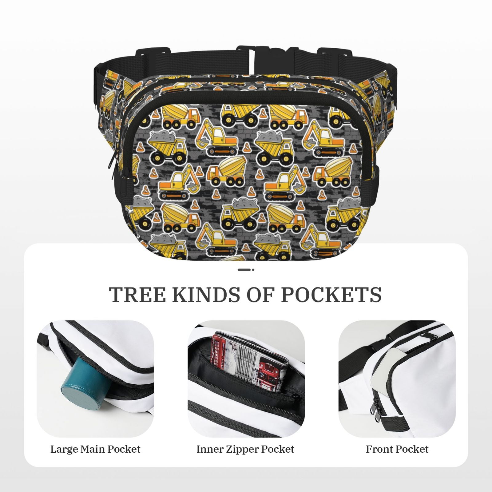 Picia Excavator At Work Print Square Double-Layer Waist Bag Mini Adjustable Waist Belt Bag Exercise Running Travel Hiking