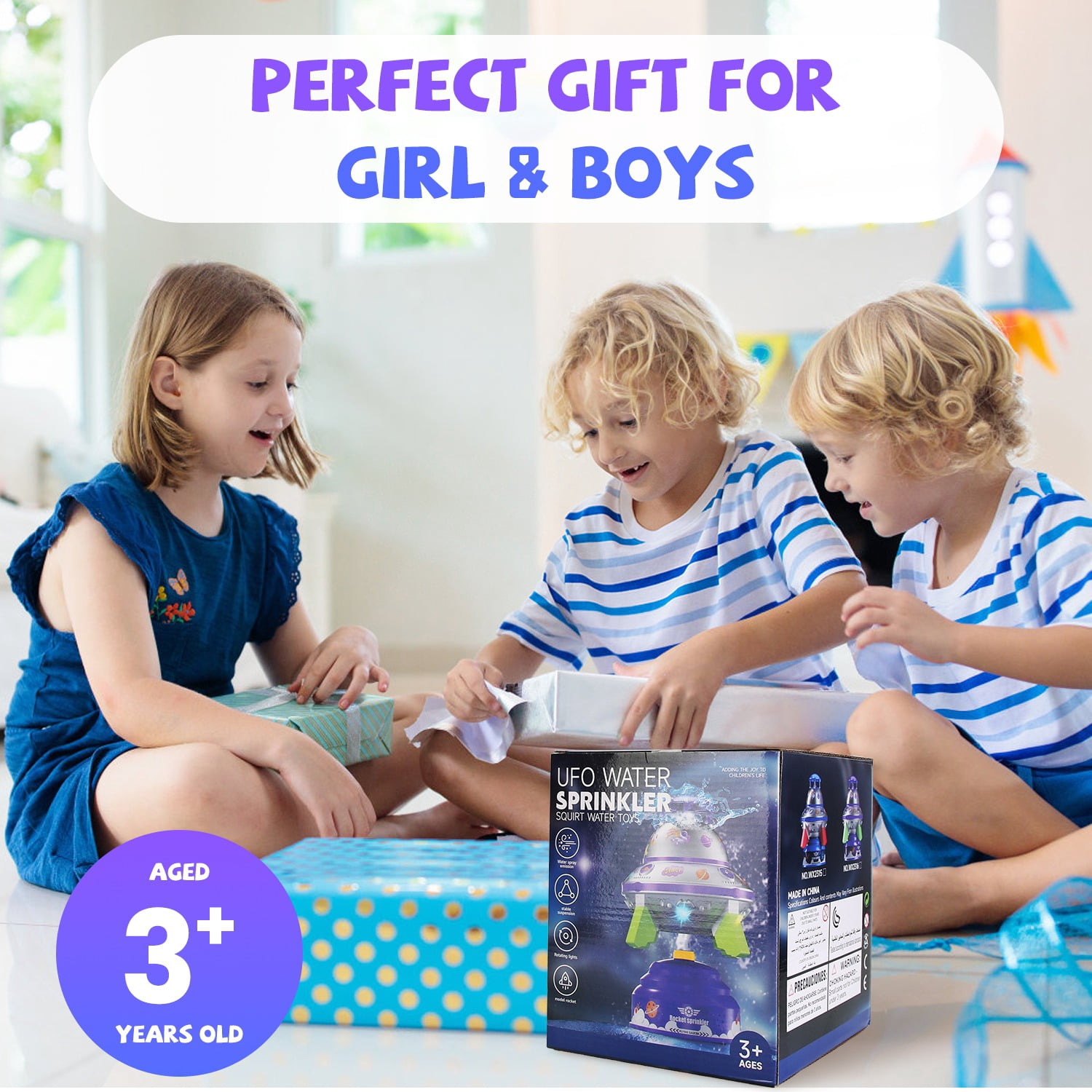 Sprinkler for Kids 3-12 Years Old Rocket Water Sprinkler with Colorful LED Lights 360° Spinning 1.64-6.56ft Adjustable Height Gift for Girls Boys Blue