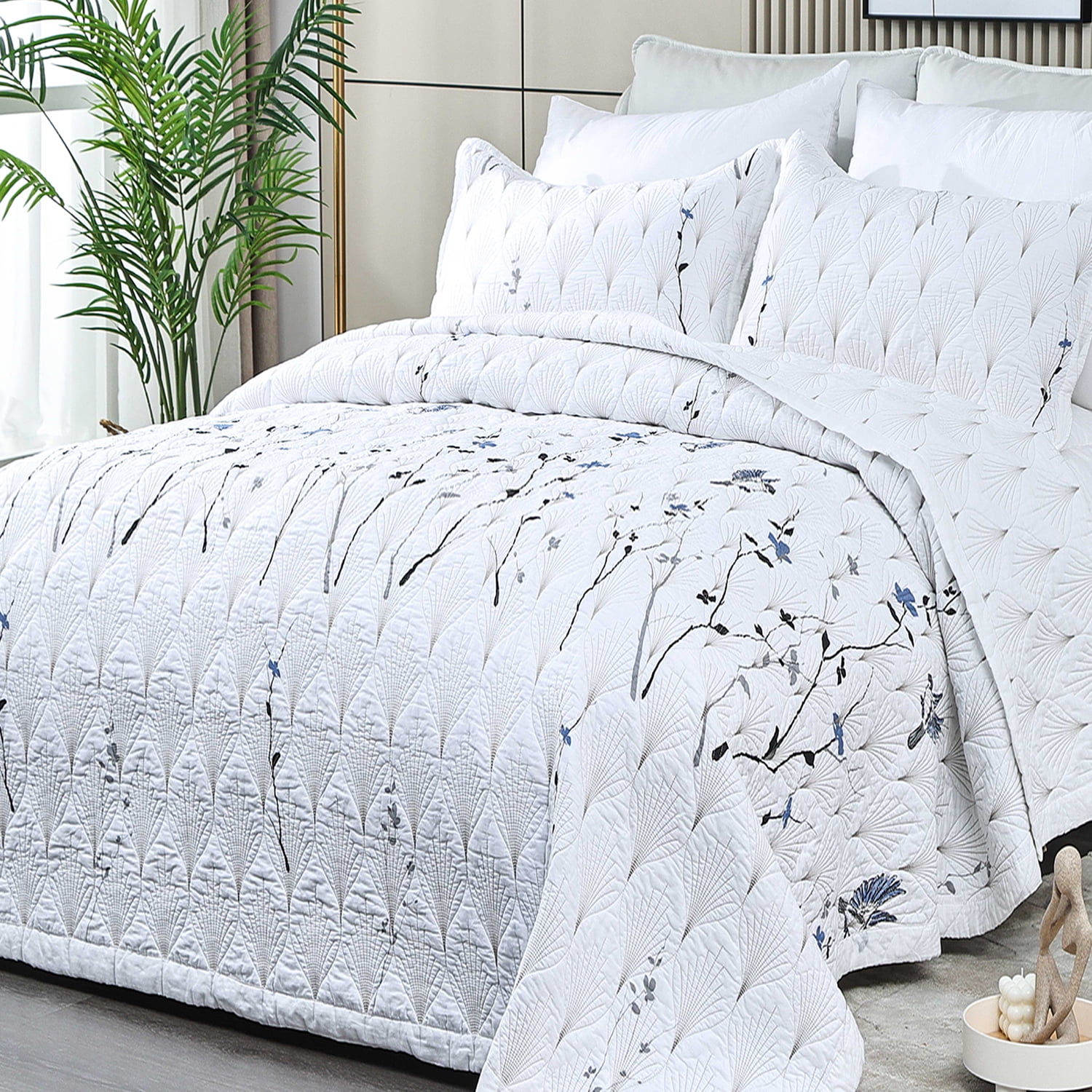 Evenhug Quilt Set 3-Piece Queen Branch Bird Cotton Quilt Bedding Set With 2 Pillow Shams