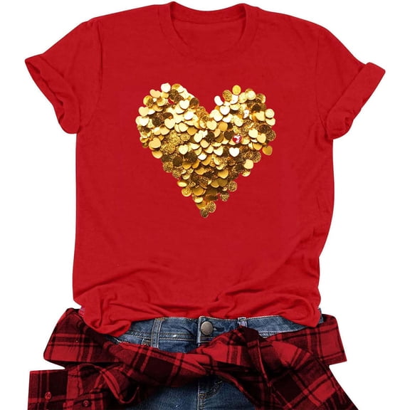 Jsaierl Valentine's Day Shirts Womens Sweet Love Heart Graphic Tees Soft Short Sleeve Blouse Crewneck Dressy Casual T-shirt Tops Spring Clothes for Women