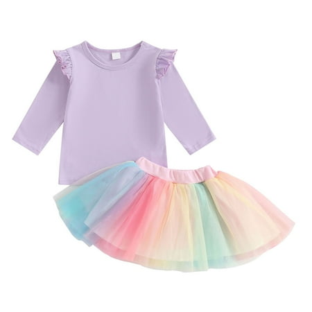 

Atogsazn Baby Girl Summer Casual Clothes Set Kids Solid Color Flying Sleeve Top and Colored Gauze Skirt 2 Piece Set 6-12 Months Purple on Clearance