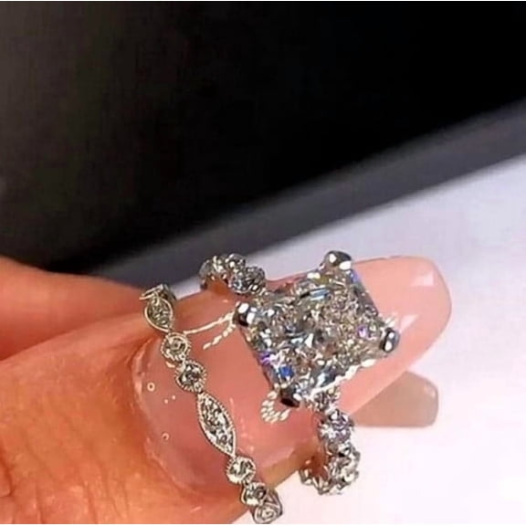 3Ct Radiant Cut Simulated Diamond Diamond Bridal Set Engagement Ring 14K White Gold Plated