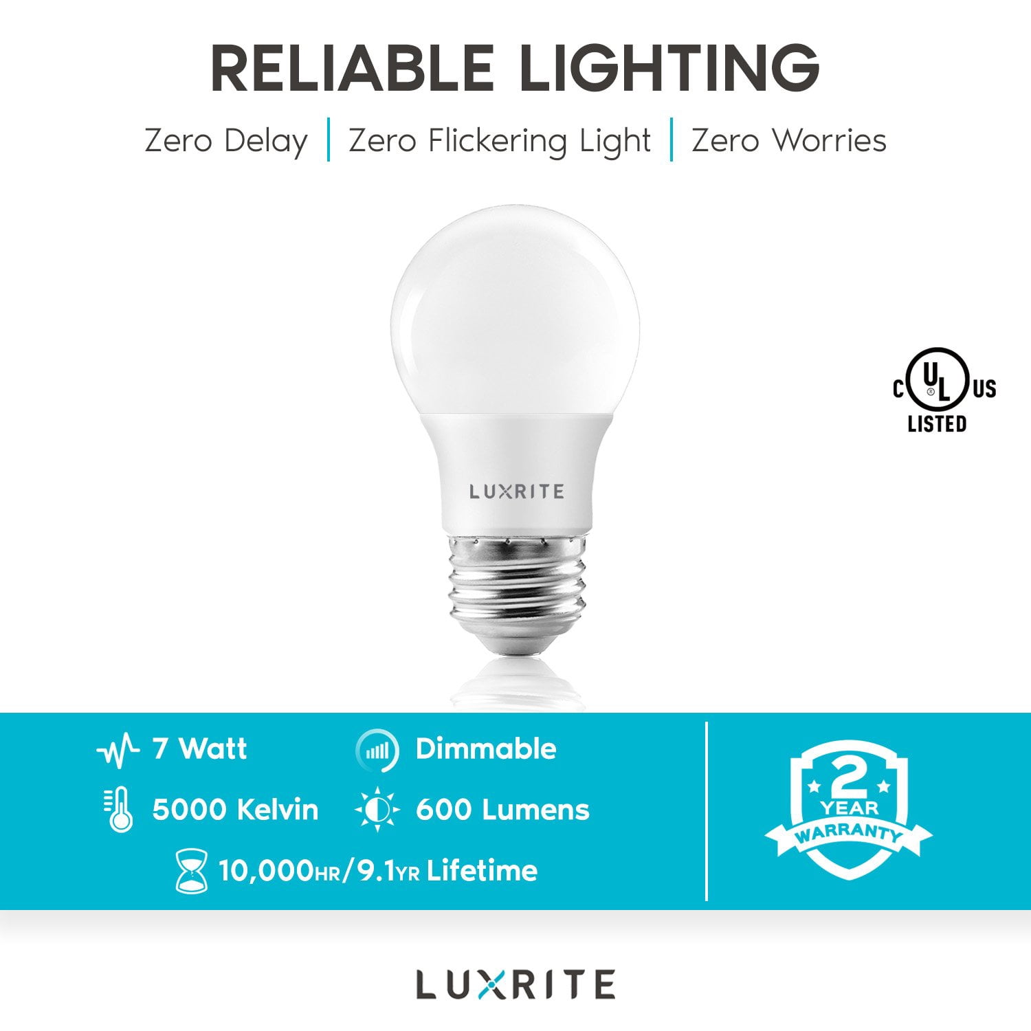 Luxrite A15 LED Dimmable Light Bulb 7W (40W Equivalent) 5000K Bright White, 600 Lumens, E26, 6 Pack