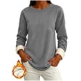 thumbnail image 3 of Fleece Lined Sweatshirt Women Thick Warm Crew Neck Solid Print Long Sleeve Pullover Tops, 3 of 7