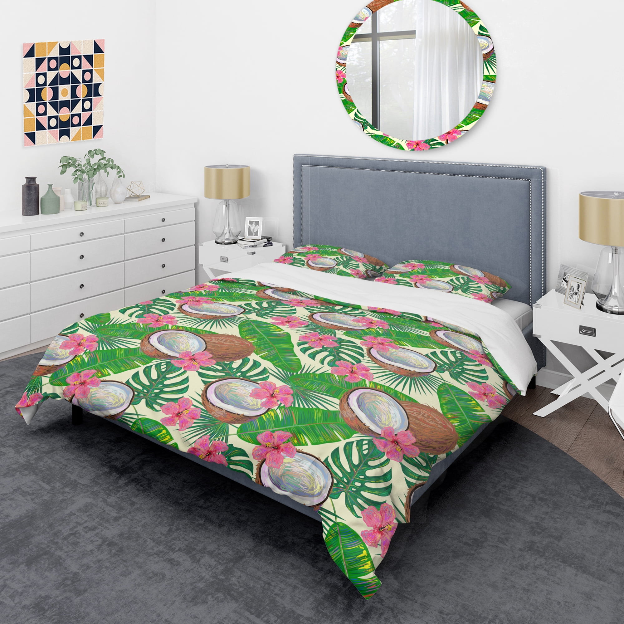 Designart 'Tropical Cooconut and Jungle Flowers' Mid-Century Modern Duvet Cover Set