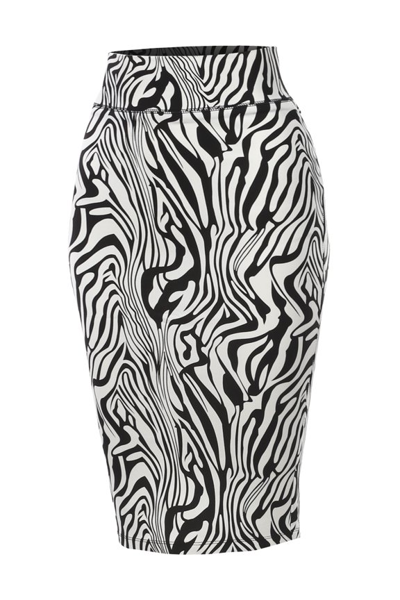 Women's Basic Solid Ponte Knee Length Slit Techno Span High Waist Pencil Skirt Zebra White M