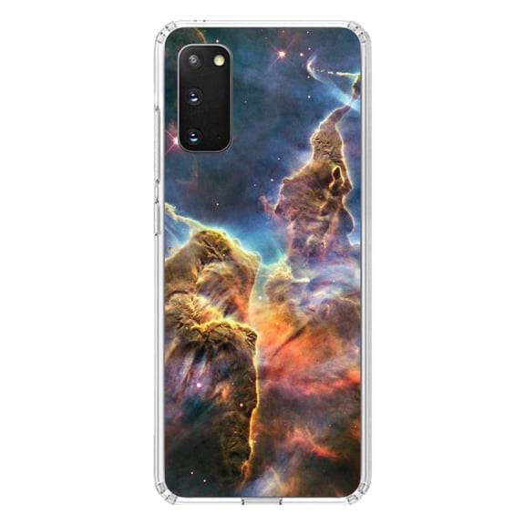 DistinctInk Clear Shockproof Hybrid Case for Galaxy S20 / S20 5G (6.2" Screen) - TPU Bumper, Acrylic Back, Tempered Glass Screen Protector - Blue Yellow Orange Carina Nebula - Astronomy