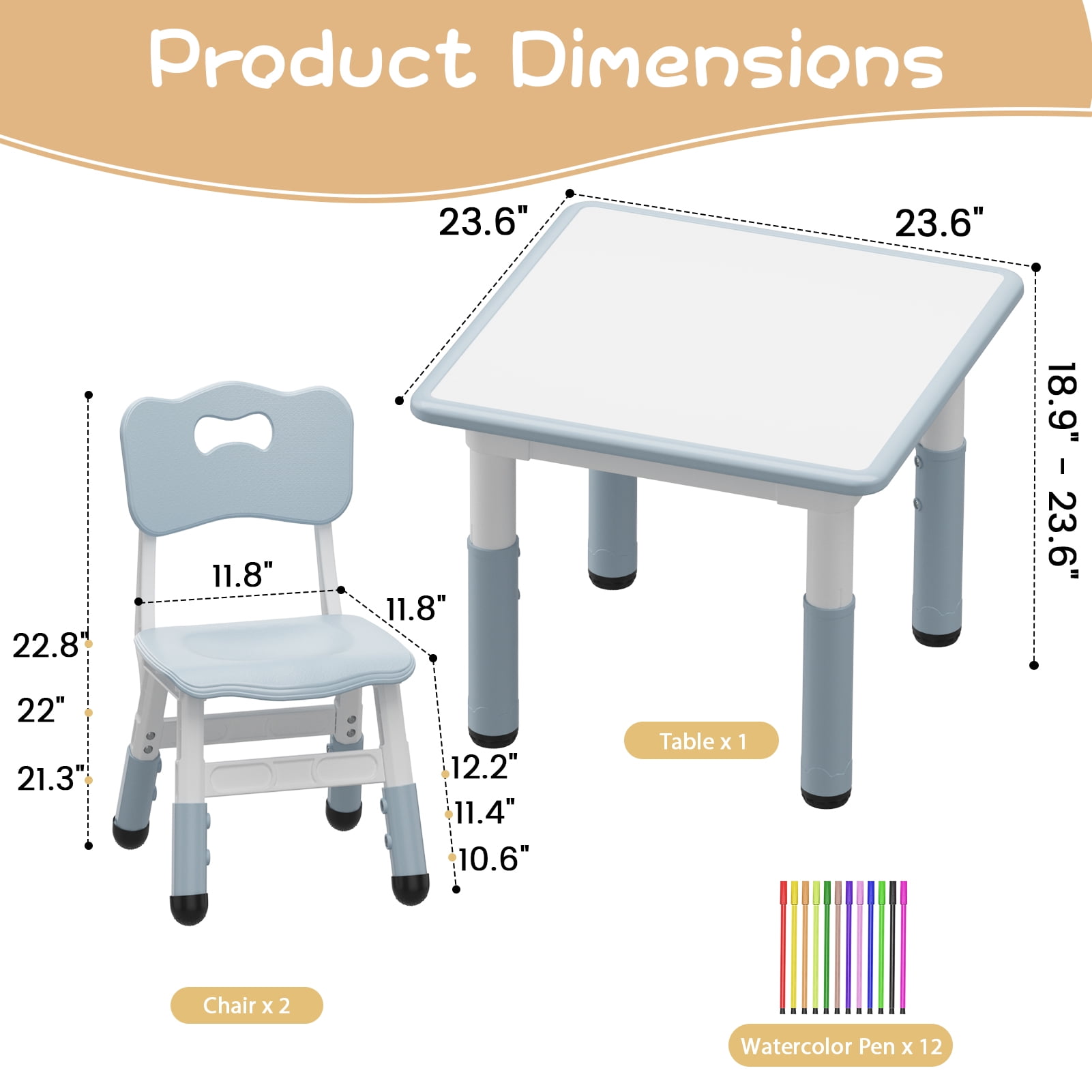 COZONY Adjustable Kids Table & 2 Chairs Set, 4 in 1 Toddler Activity Table Set with Graffiti Tabletop, Preschool Table Set for Reading, Drawing, Eating, Studying,Light Gray