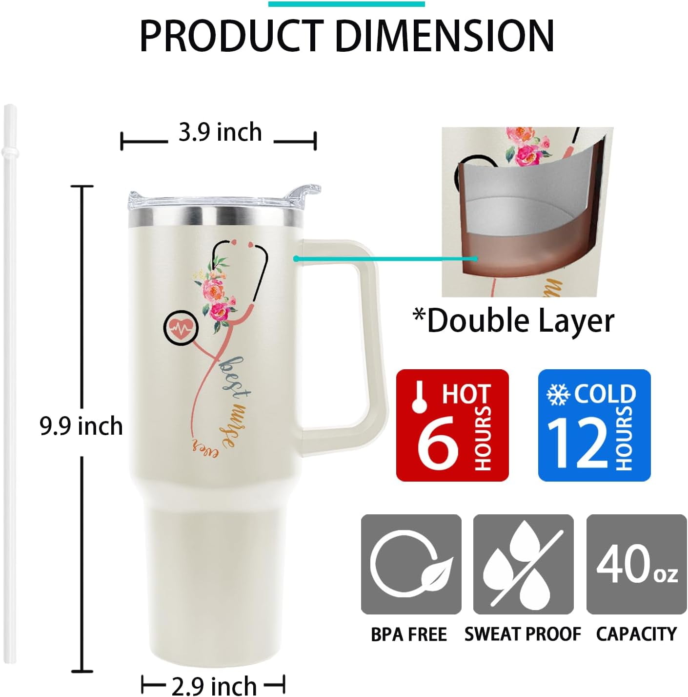 Nurse Gifts for Women Nurse Tumbler Nurse Coffee Mug Cup with Lid and Straw - 40 Oz Stainless Steel Insulated Water Bottle - Gifts for Practitioner Nurse Nursing Student Men Women