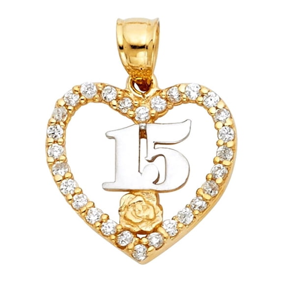 Ioka - 14K Two Tone Gold 15 Years Quinceanera Heart CZ Charm Pendant For Necklace or Chain