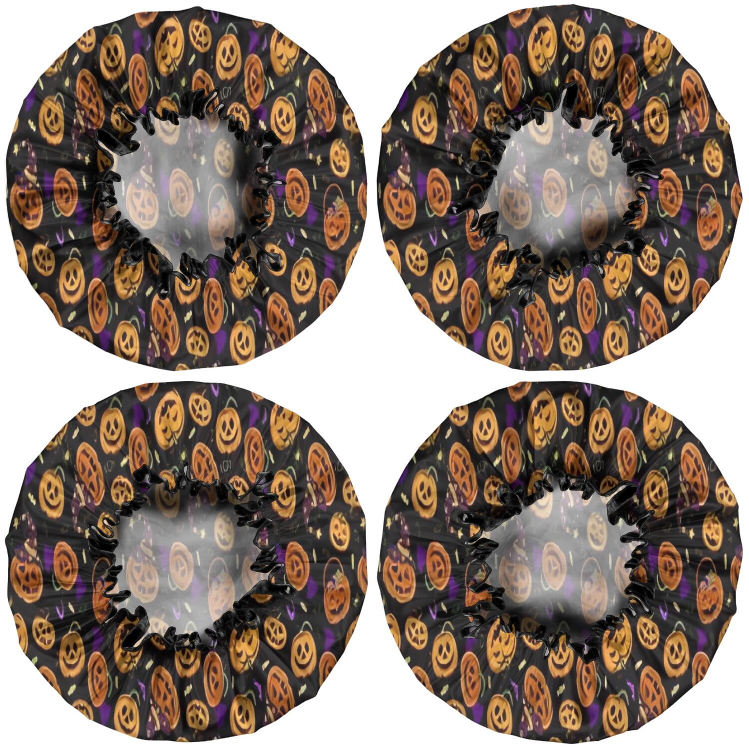 Shower Caps,Pumpkin Pattern Halloween Waterproof Shower Cap for Women 4 Pieces,Double Reusable Hair Cover for Shower PEVA Elastic Stretch Hem