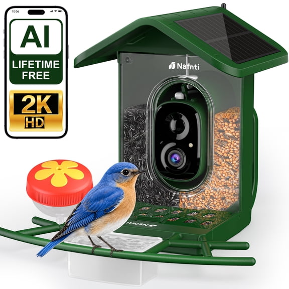 Nafnti 2K Bird Feeder with Camera, Lifetime Free AI Recognition, 10000 AI Bird Identification, Camera Bird Feeder with Solar Powered, 5GHz/2.4GHz
