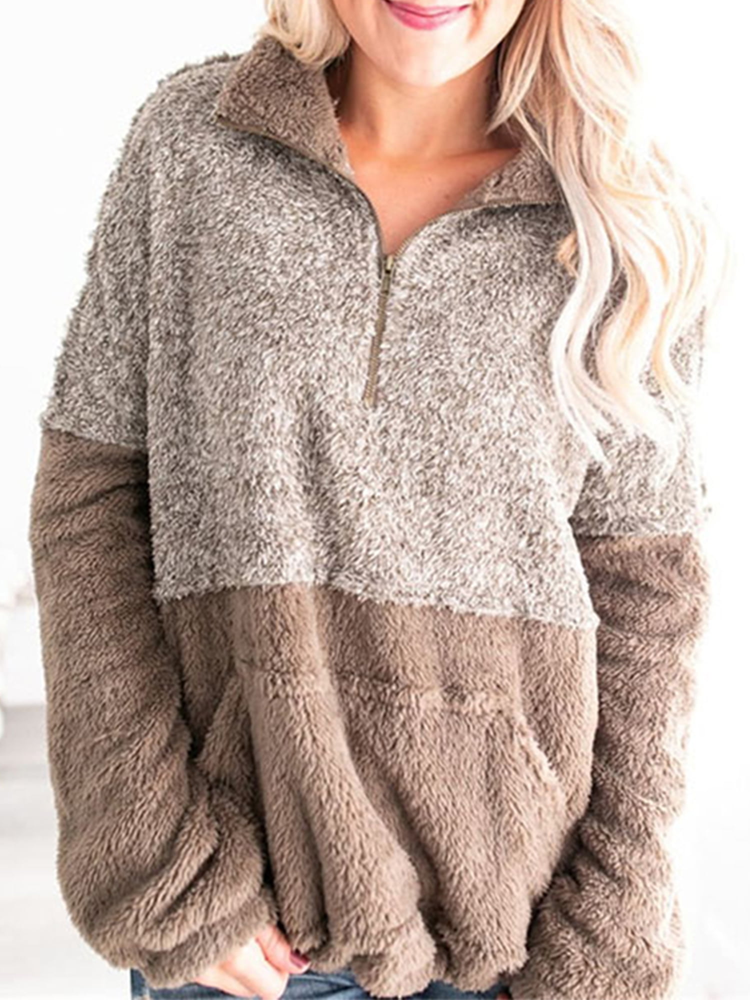 Women Casual Double Fuzzy Sweatshirt Faux Fleece Zip Pullover Hoodies Coat Outwear S-XXL 