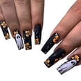 thumbnail image 5 of Matte Black Yellow Floral Extra Long Halloween Press On Nails 24Pcs, Ghost White Spooky Fake Nails Set, Reusable False Nails for Gothic Party Fall Daily Wear Women Girls, 5 of 8