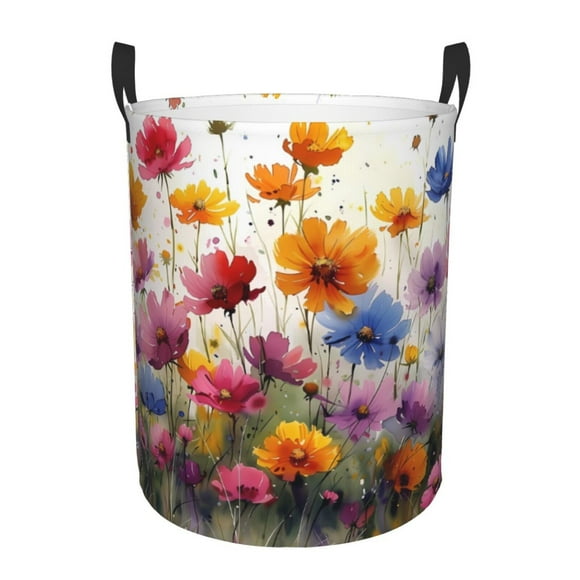 Balery Colorful Wildflower Meadow Cesta de ropa redonda con asas, impermeable, independiente, para ropa, juguetes, dormitorio y familia-Small