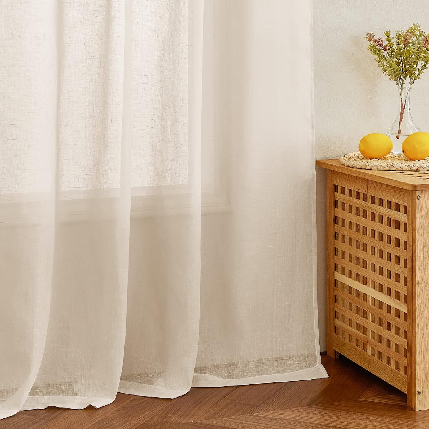 NICETOWN Sheer Linen Curtains for Dining Room, Rod Pocket & Back Tab Privacy Vertical Window Drapes with Light Filtering for Living Room, 52"x 95", Beige, 2 Panels