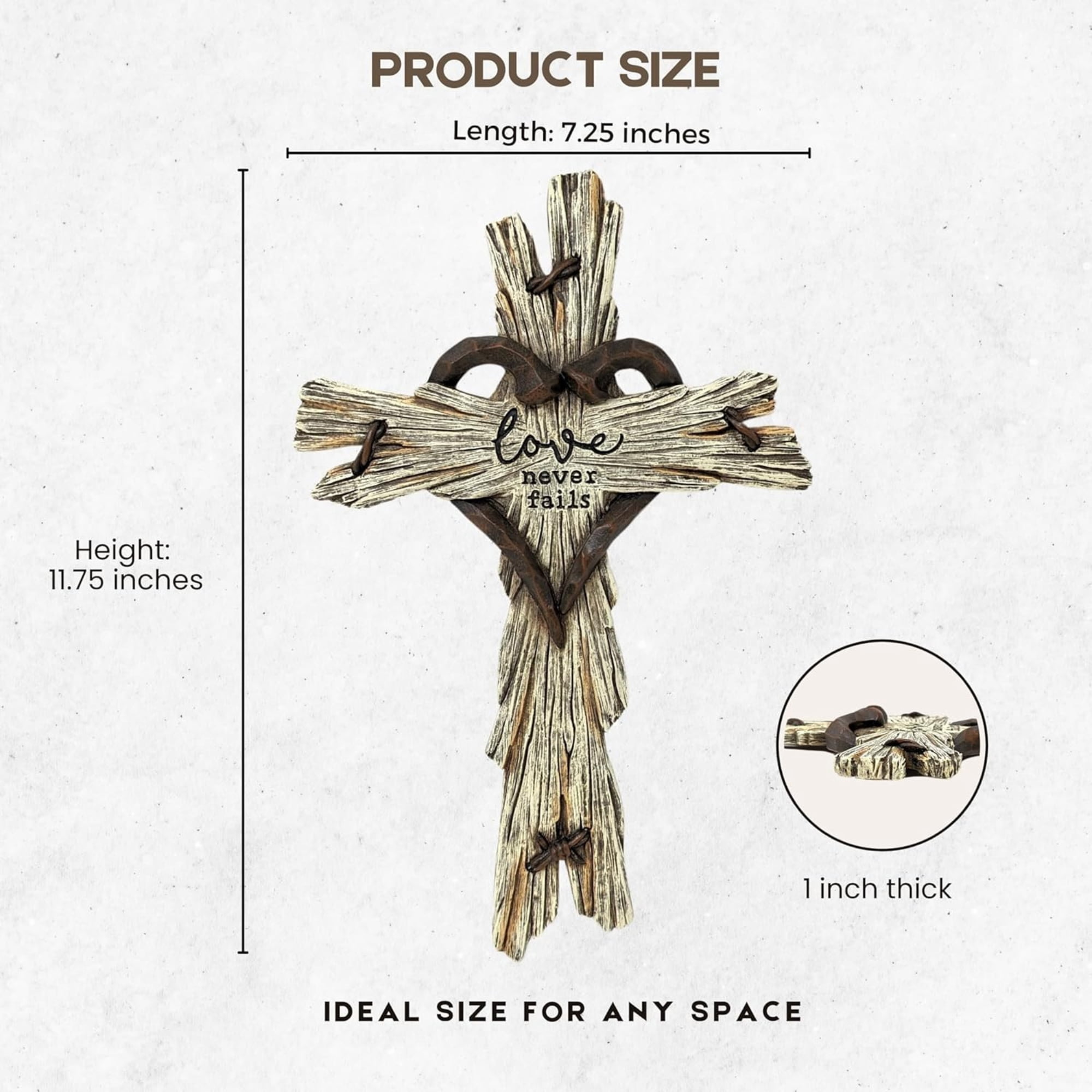 Rustic Driftwood Look Wall Cross with Heart at the Center and Engraved "Love Never Fails" – Premium Resin Religious Décor for Home, Church, or Office, Symbolizing Faith & Love, Easy Wall Mount Design