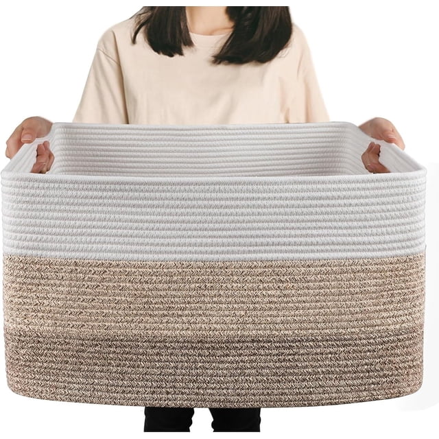 Cesta de Cuerda Extragrande, de 55 x 43 x 30 cm, Algodón Cesta de Lavandería de Cuerda Tejida con Asas, Cesta Ropa Sucia, Cesto Organizador de Juguetes, Caja de Almacenamiento