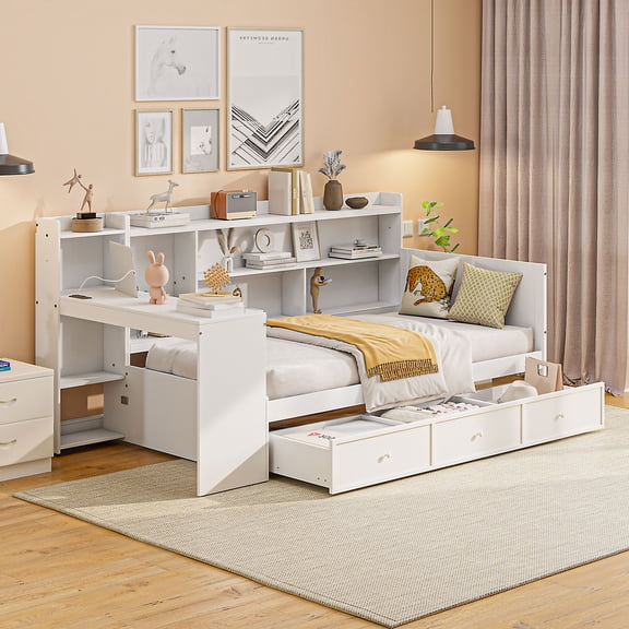 Mintazer Twin Platform Bed with Desk & Charging Ports, Wooden Bed Frame with Storage Shelves & 3 Drawers for Bedroom Playroom Guest Room, White