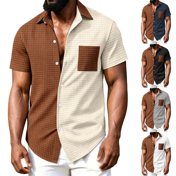 IhhxPro Men's Short Sleeve Button down Shirt Color Block Button-Up with Pockets Waffle Knit Casual Lightweight Slim Fit Summer Top S-3XL