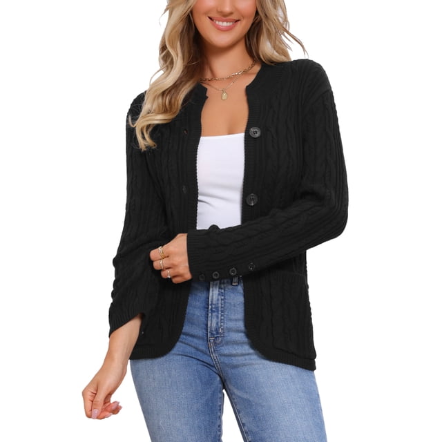 Suéteres de Cardigan INSPIRE CHIC para mujer, de frente abierto, con botones, de manga larga, casual de otoño, tejido de cable con bolsillos, L negro
