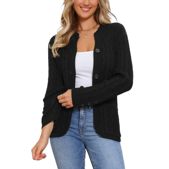 INSPIRE CHIC Cardigan Sweaters for Women's Open Front Button Down Long Sleeve Fall Casual Cable Knit Sweater with Pockets L Black