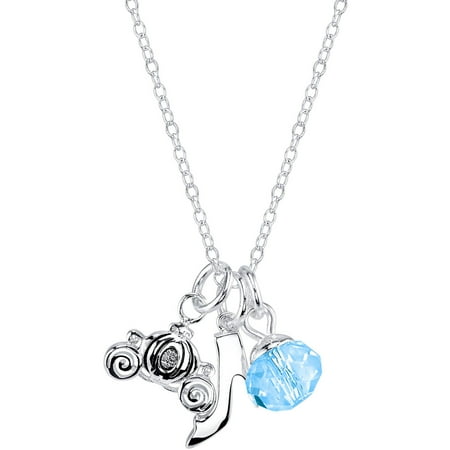 Cinderella Heart Charm - Disney 6mm Blue Crystal Silver-Tone Cinderella Slipper and Carriage Charm with Bead Necklace, 18