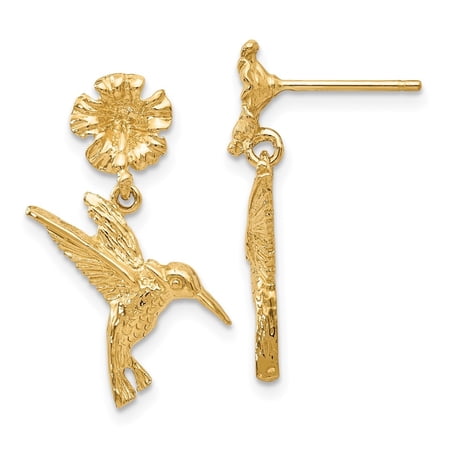 Diamond2Deal 14K Yellow Gold Hummingbird Dangles from Flower Post Earrings for Women