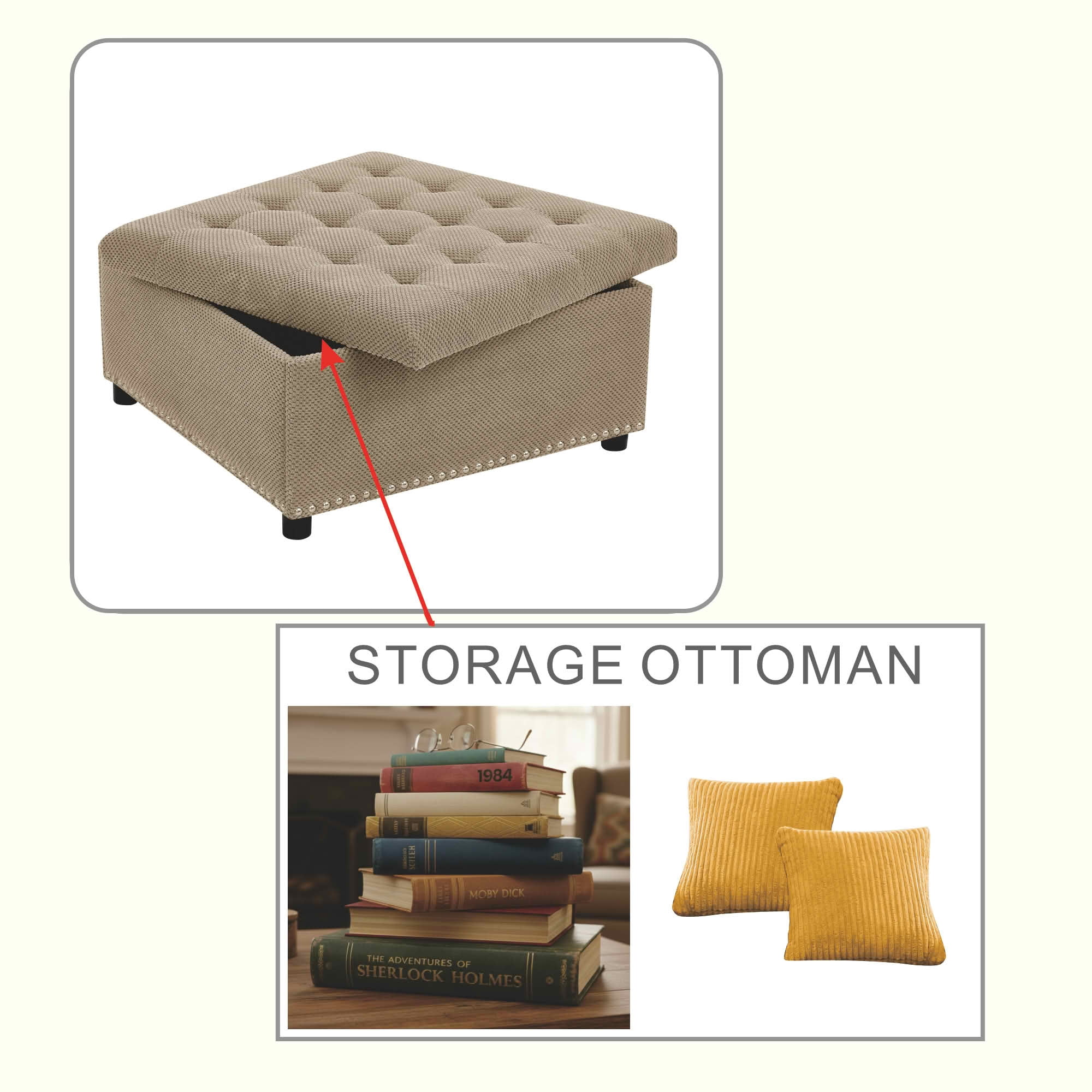 MAYEERTY 30 In Storage Ottoman, Tufted Footstool, Nailhead Trim, Square Ottoman, Camel