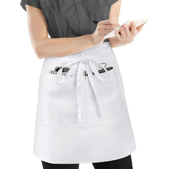 Pure White Apron,Waterproof Waist Apron,Short Server Apron with Pockets,Solid Color Neutral Apron,Oil Stain Resistant Waitress Waiter Apron,for Women Men Kitchen Cooking (23*15Inch)