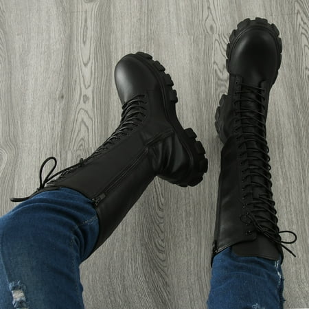 

ZMHEGW Women Boots British Style Solid Leather Lace Up Side Zip Platm Long Shoes