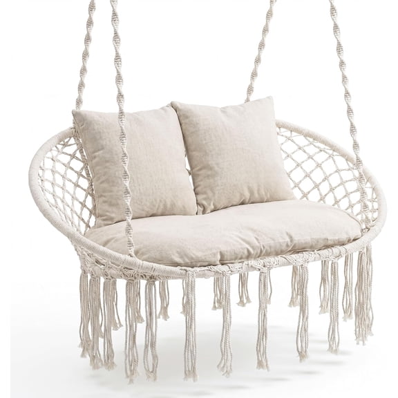 LEHOME Double Hammock Chair with Cushions, Boho Macrame Swing Chair for Indoor & Outdoor, 2-Person Hanging Chair for Patio Balcony Porch, Holds Up to 600 Lbs, Beige