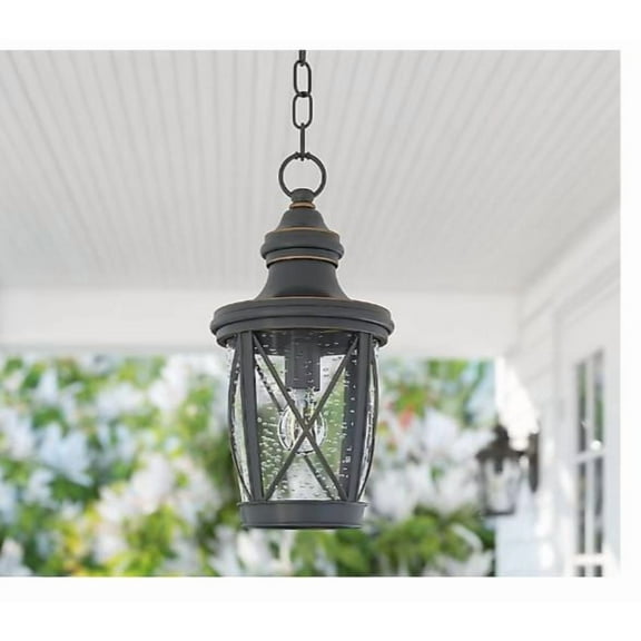 allen roth Castine Bronze Craftsman Seeded Glass Lantern Led Medium Outdoor Hanging Pendant Light