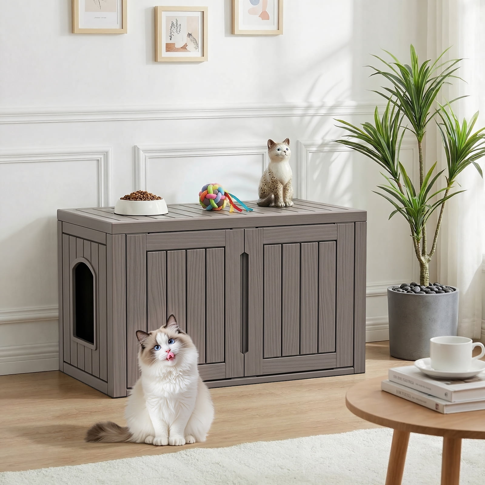 Dovov Oversized Hidden Cat Litter Box Enclosure Furniture, Multi-Functional Cat Washroom Bench with Removable Divider, Large Litter Box Storage Cabinet, Brown