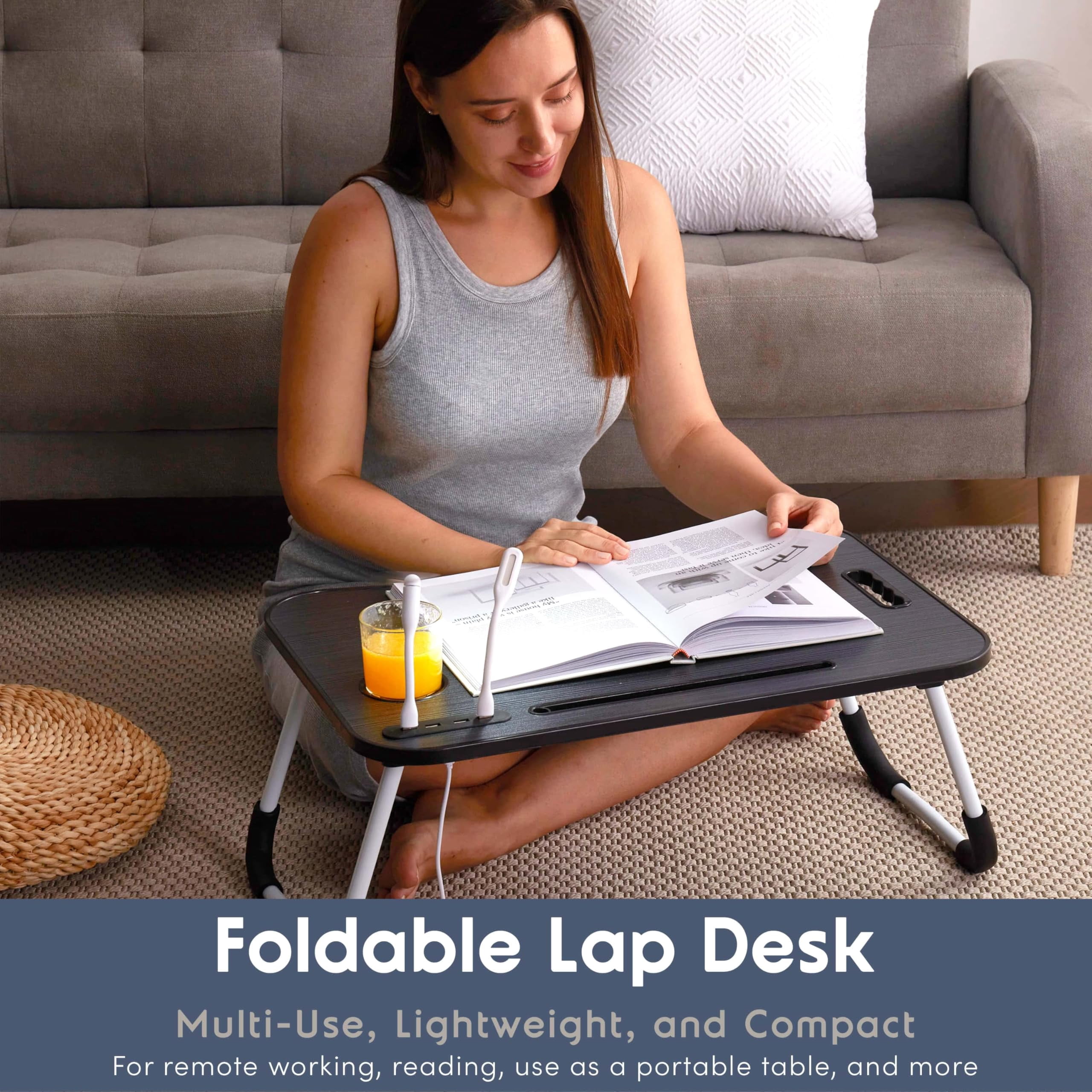 Foldable Lap Desk - Portable Laptop Stand For Bed  Couch Work Reading & Writing Table With Usb Ports Large Tray Black