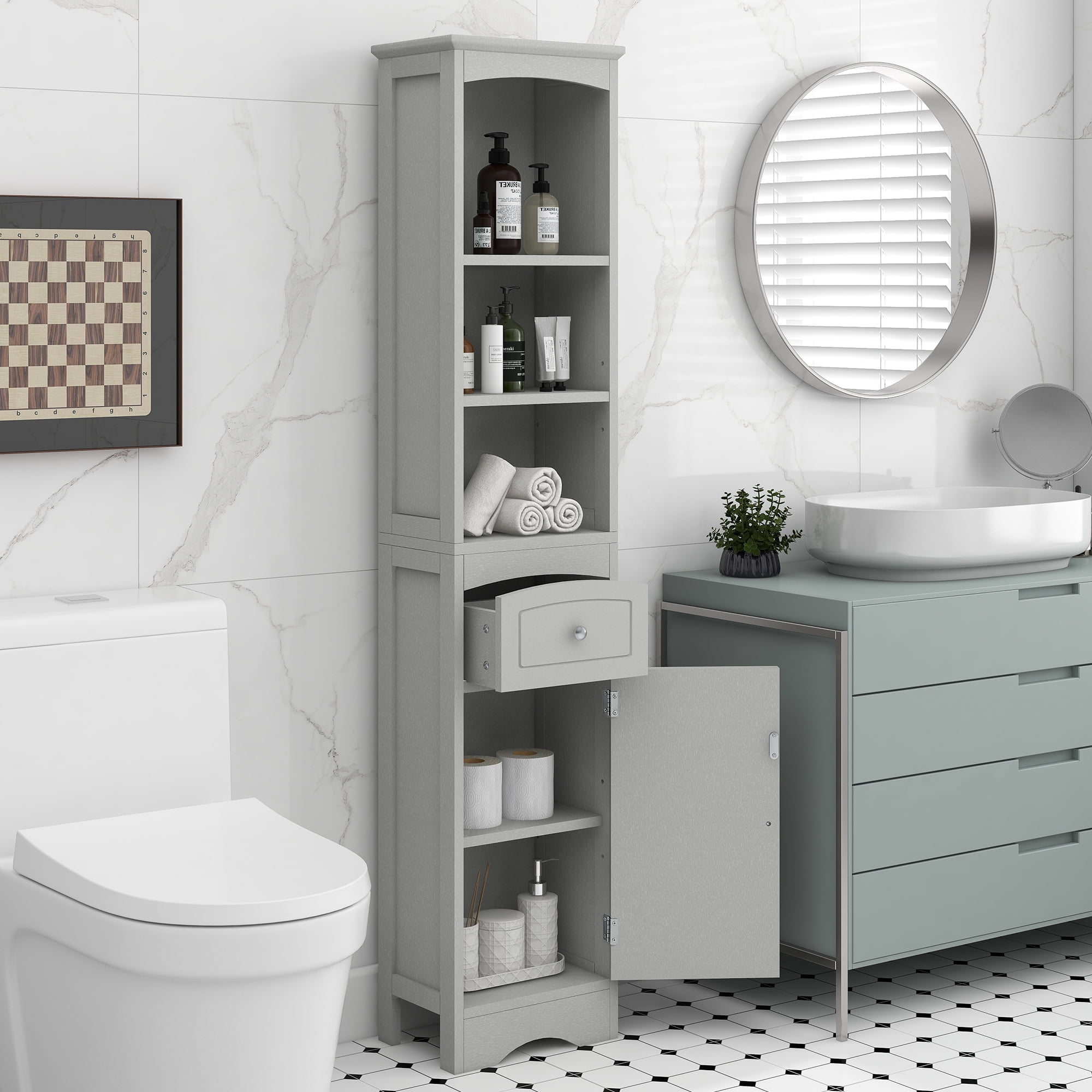 EUROCO Bathroom Storage Cabinet,Wood Linen Cabinet, Narrow Tall Cabinet Storage Tower with Adjustable Shelves,Door and Drawer,Grey