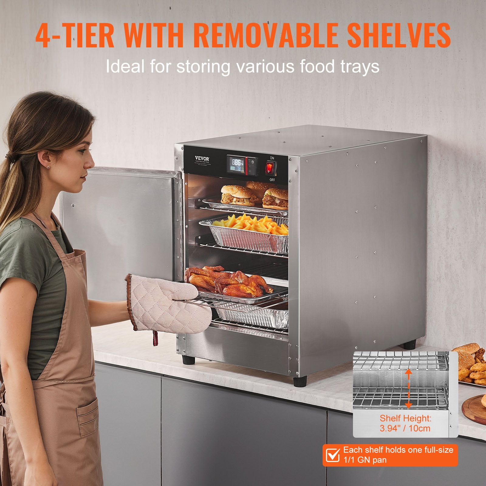 VEVOR Hot Box Food Warmer, 4-Tier Concession Warmer with Water Tray, 4 Pans, Single-door and Adjustable Shelves, Stainless Steel Food Warmer Cabinet, Ideal for Storing Pizza, Chicken, Restaurant