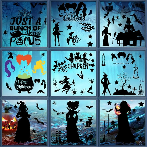 9 Sheets 92PCS Hocus Pocus Decorations, Halloween Window Stickers, Scary Witch Decals, Vinyl Waterproof Silhouette Party Decoration, Halloween Clings for Windows