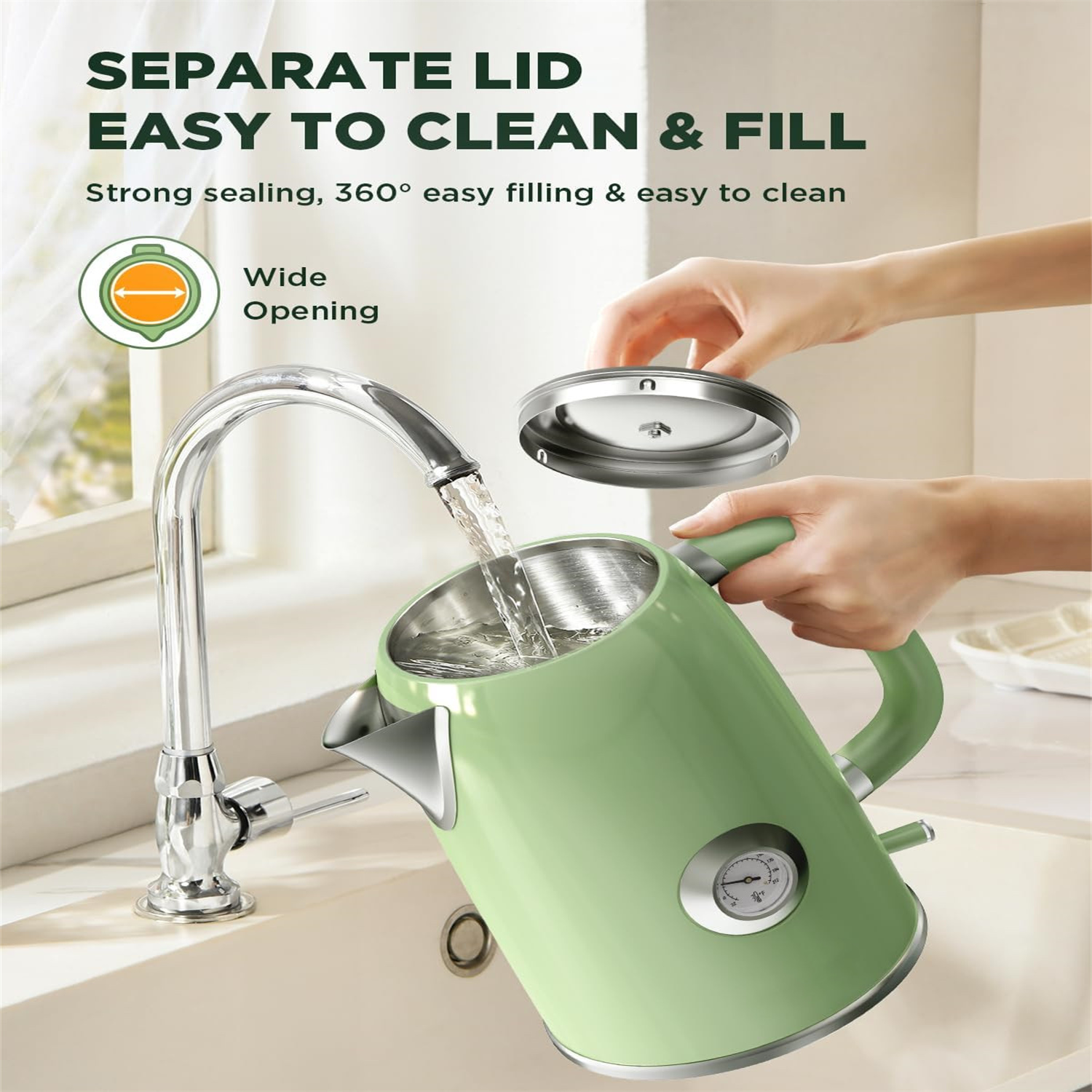 1.8L with Temperature Gauge, 1500W Fast Boiling Electric Tea Kettle, 100% Stainless Steel Retro-Style Hot Water Kettle Electric - Glowing LED Light, Auto Shut-Off & Boil-Dry Protection