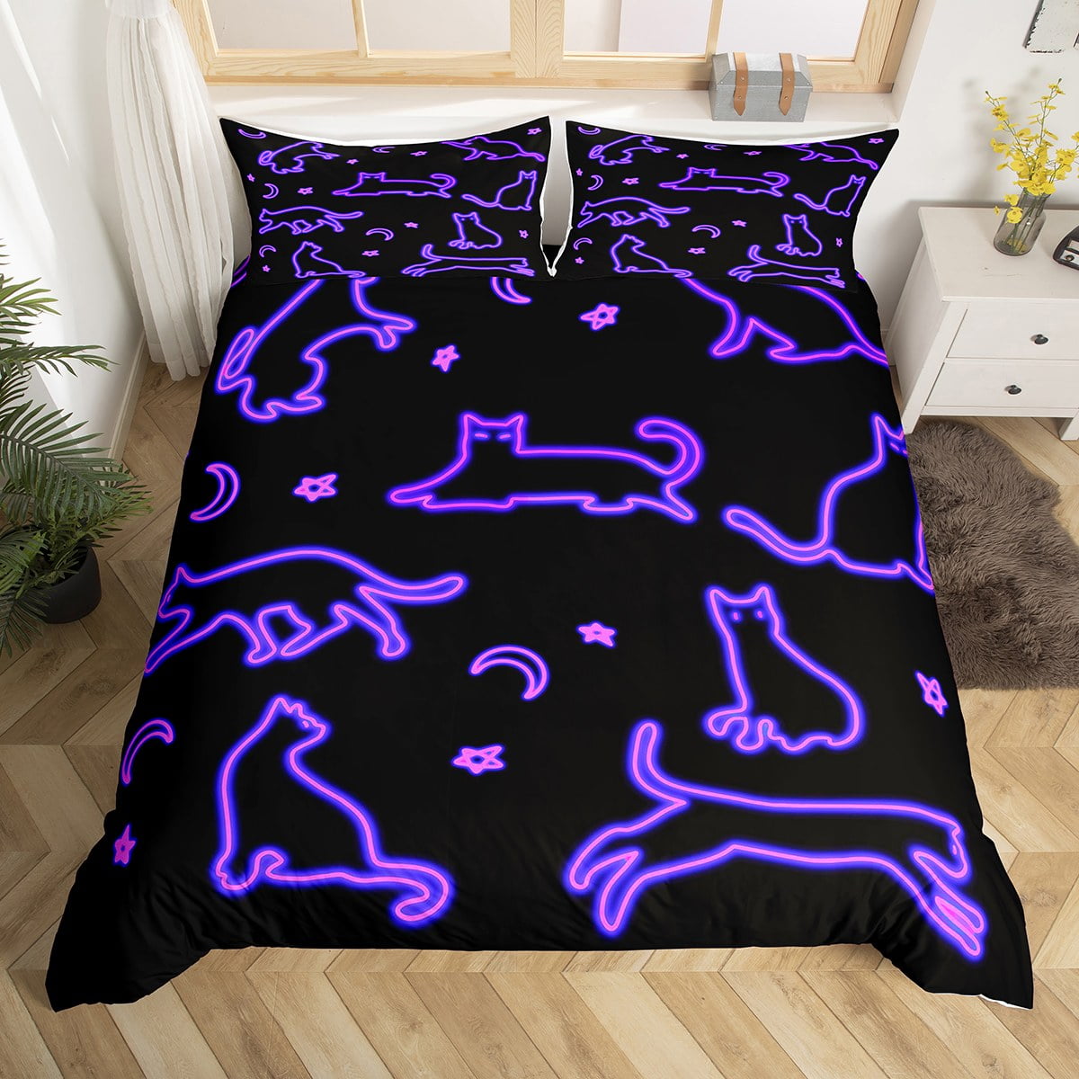 Black Cat Duvet Cover Queen Size, Glowing Stars Moon Bedding Set for