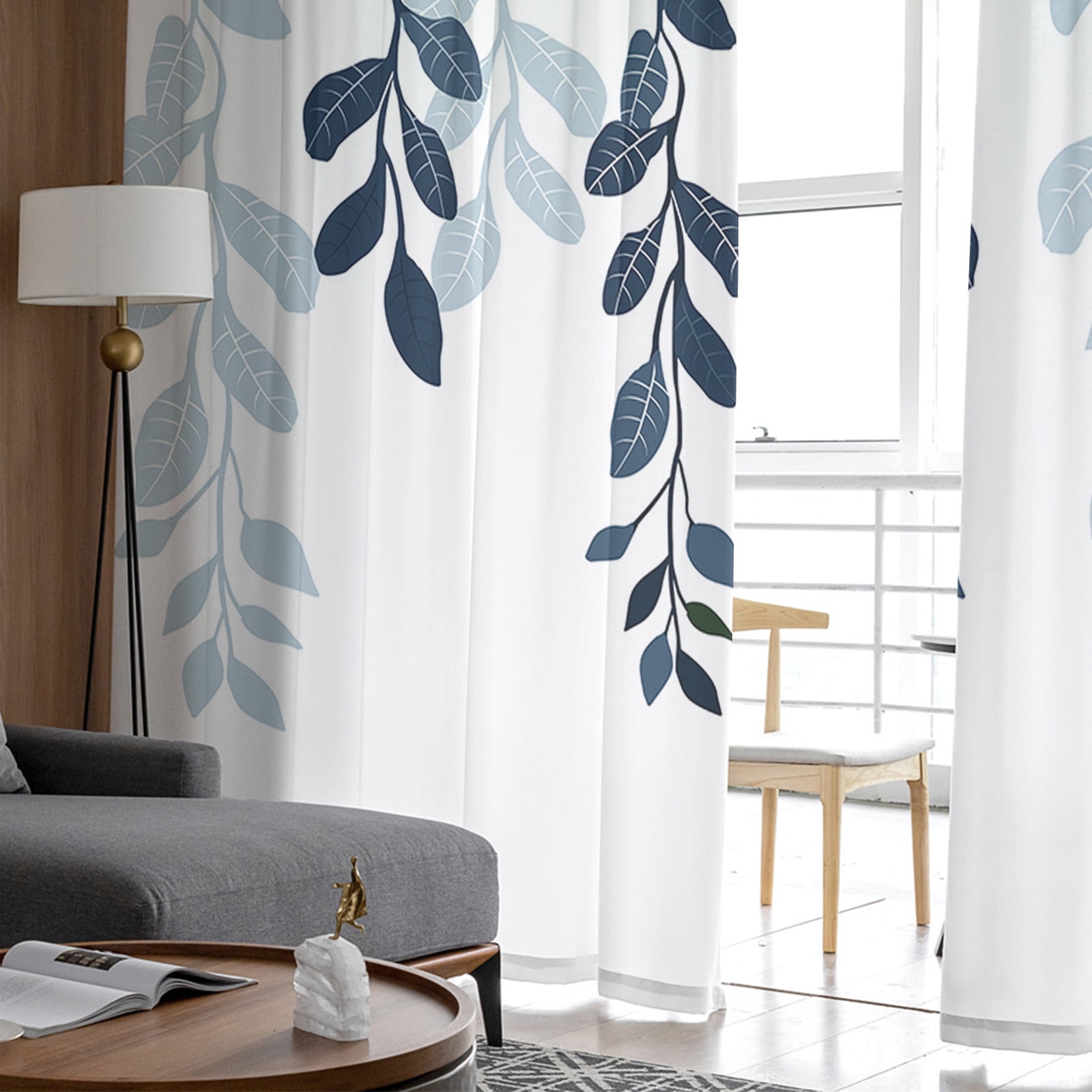 Sheer Curtains 108 inches Long, Plants Blue Leaves Farmhouse Style Gradient Light Filtering Sheer Window Curtains Rod Pocket Voile Drapes for Bedroom Living Room, 52"W x 108"L 2 Panels