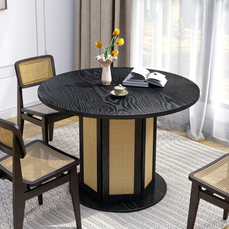 Dextrus Large 47 inch Round Wooden Dining Table Simple Farmhouse Design Rattan Pedestal Base Seats 4 6 for Kitchen or Dining Room Black
