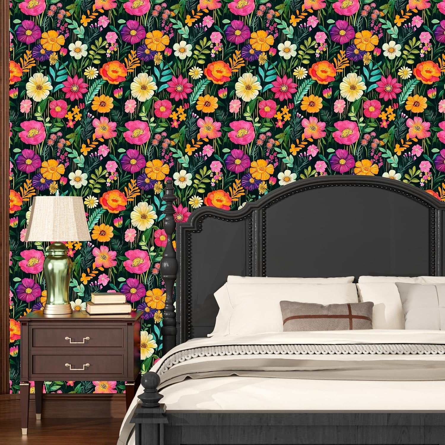 PETGLE Watercolor Floral Wallpaper Peel and Stick Colorful Contact Paper Green Boho Renter Friendly Wall Paper for Countertop Cabinet Wall Shelf Bathroom Removable 17.5 x 118In image 6