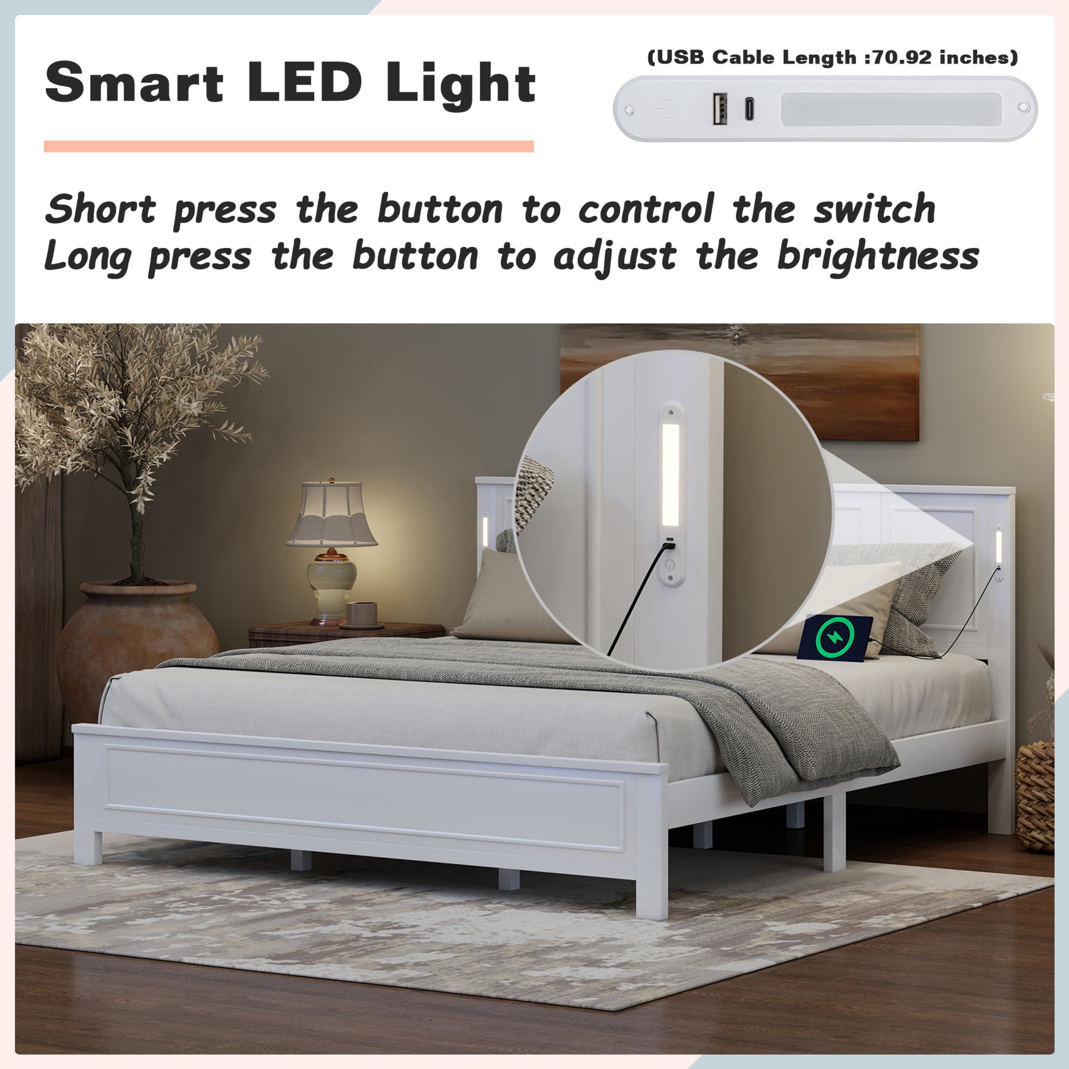 Noble House Nesta King Bed Frame with LED Headboard and USB Charging Station, Solid Pine Wood, Kid's Room, White