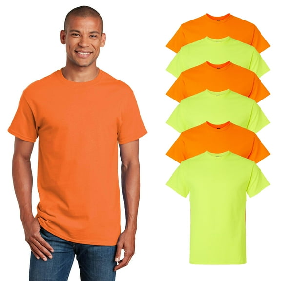 Gildan Men Hi-Vis Safety Work T-Shirt, Short Sleeve, 6 Pack, Green and Orange, 50/50 Cotton/Poly, L