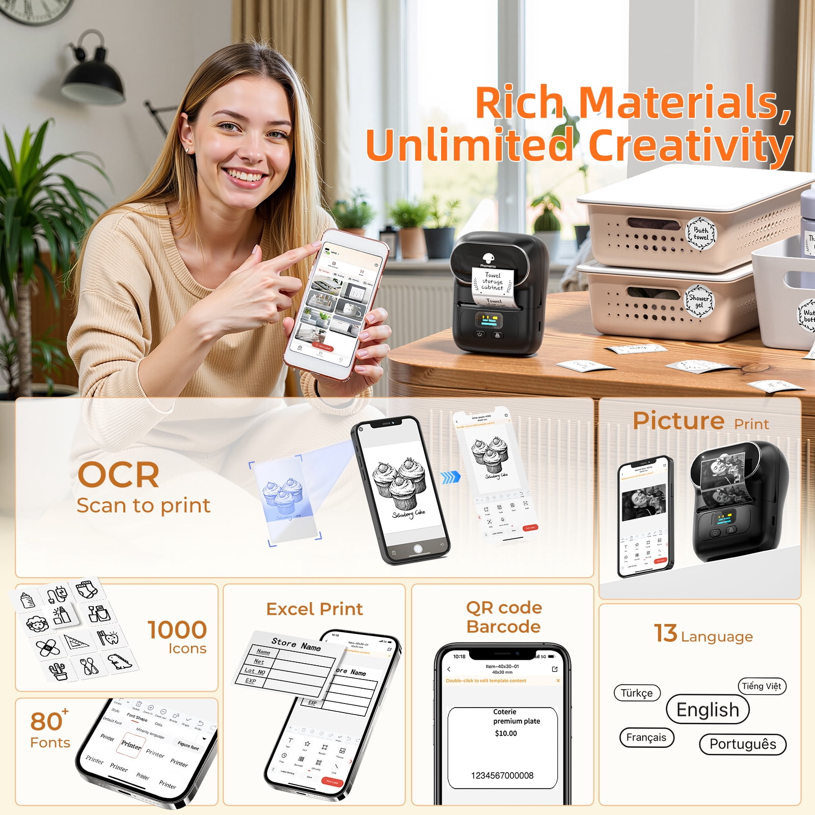 Phomemo M110 Label Maker Portable Label Printer, Sticker Printer For Small Business, Address, Office, Gift, Picture, Inkless Barcode Label Printer +4 Rolls Thermal Paper（Black）