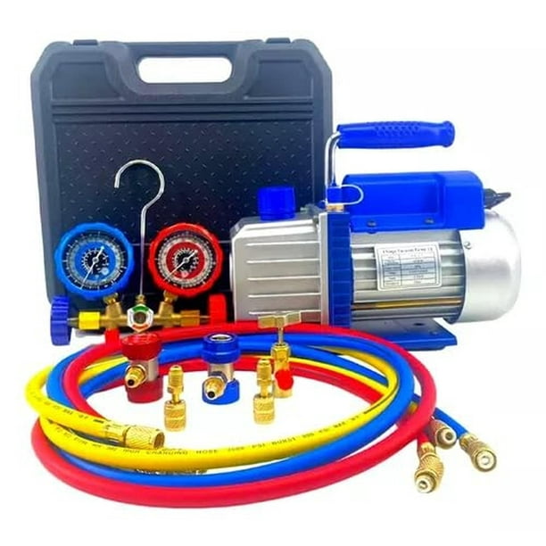Bomba De Vacío FIXITFAST Azul con Manómetro Juego de Manómetros de Colector de 4 Vías para Refrigera