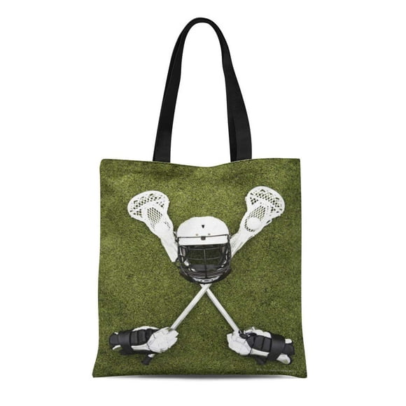 POGLIP Canvas Tote Bag Cross Lacrosse Sticks Gloves Balls and Sports Crossed Cane Reusable Handbag Shoulder Grocery Shopping Bags