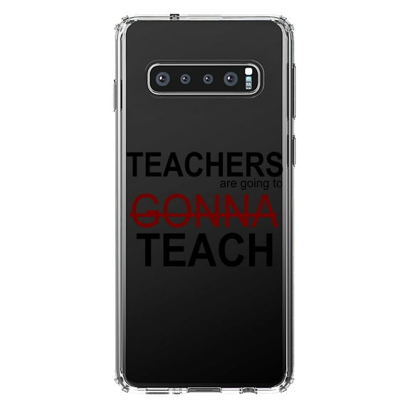 DistinctInk Clear Shockproof Hybrid Case for Samsung Galaxy S10 (6.1" Screen) - TPU Bumper Acrylic Back Tempered Glass Screen Protector - Teachers Gonna Teach