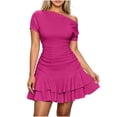 thumbnail image 2 of Dolkfu Mini Women'S Clothing Pink Cowl Neck A-Line Short Sleeve Dresses Slim Solid Modern Minimalist Garments Hot Pink,S, 2 of 5